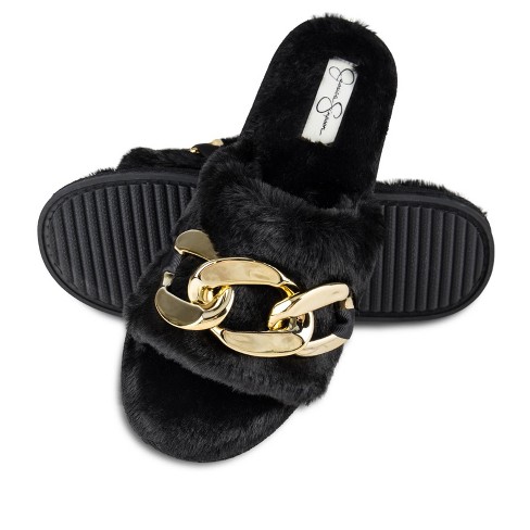 Jessica Simpson Women's Plush Faux Fur Fuzzy Slide On Open Toe Slipper with  Memory Foam - Black Chain/Large