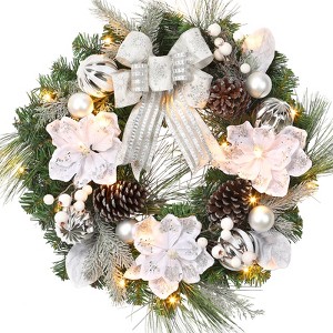 Christmas Wreath with Timer, Xmas Wreath with Light Antlers Bowknot Pine Cones Balls, Wreath for Front Door Indoor Outdoor Holiday Decor - 1 of 4
