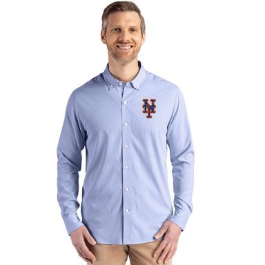 mets dress shirt New York Mets Long Sleeve Button Down Dress Shirt | Men | Tour Blue/White | S