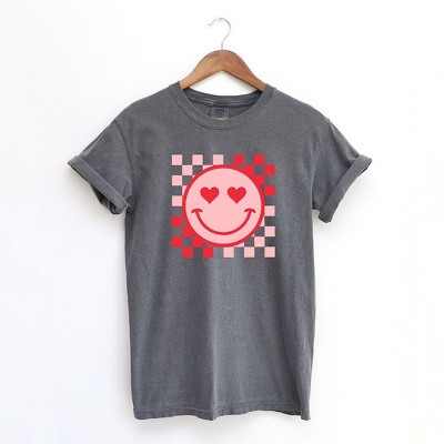 Simply Sage Market Women's Checkered Heart Eyes Smiley Short Sleeve Garment Dyed Tee