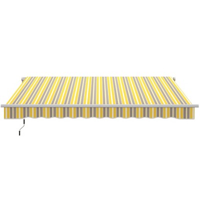 Yellow and Grey Striped Retractable Patio Awning with Aluminum Frame