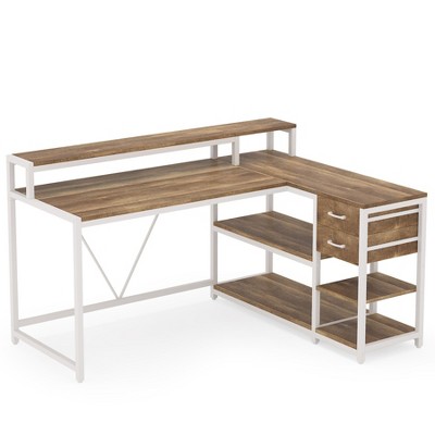 Sapphtopaz 55" Modern L-Shaped Desk with Drawers and Monitor Riser Computer Desk with Open Storage Shelves Small Desk for Home Office, Bedroom