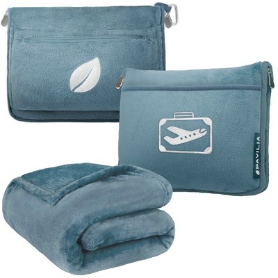 PAVILIA Travel Blanket Pillow Soft Bag Pockets, Airplane Plane Flight Car Essentials Compact Set Packable, Travelers Accessories Gifts