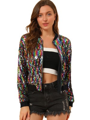 Allegra K Women's Sequin Sparkle Sleeve Zipper Bomber Jacket Rainbow S :