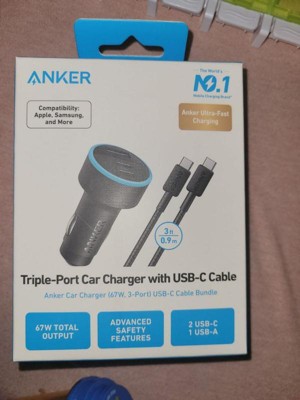 Anker 3-port 67w Car Charger With 3' Usb-c To Usb-c Cable - Black