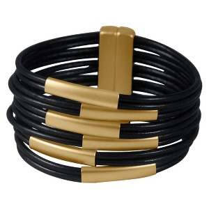 Zirconite Multi-Strand Genuine Leather Cuff Bracelet with Tube Bars - Gold/Dark Brown, Women