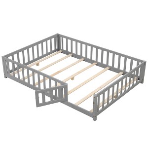 Tangkula Full Size Floor Bed Montessori Bed Frame w/ Full-length Guardrails & Safety Door Gray - 1 of 4