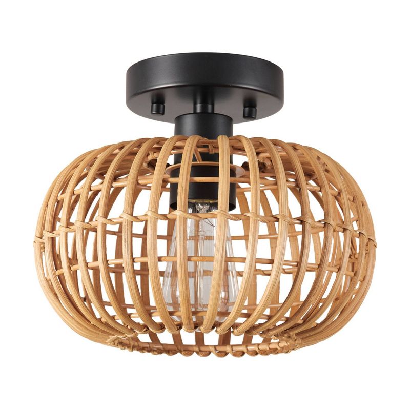 Fitz 1-Light Black Flush Mount Ceiling Light with Rattan Shade - Globe Electric, 1 of 12