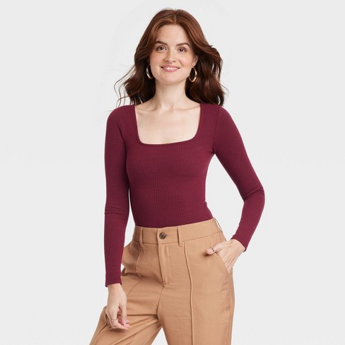 Women's Slim Fit Bodysuit - A New Day™ Burgundy S : Target