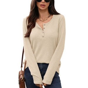 Coolmee Women's Long Sleeve Waffle Knit Shirts Dressy Casual Loose Button Up V Neck Henley Blouse - 1 of 4