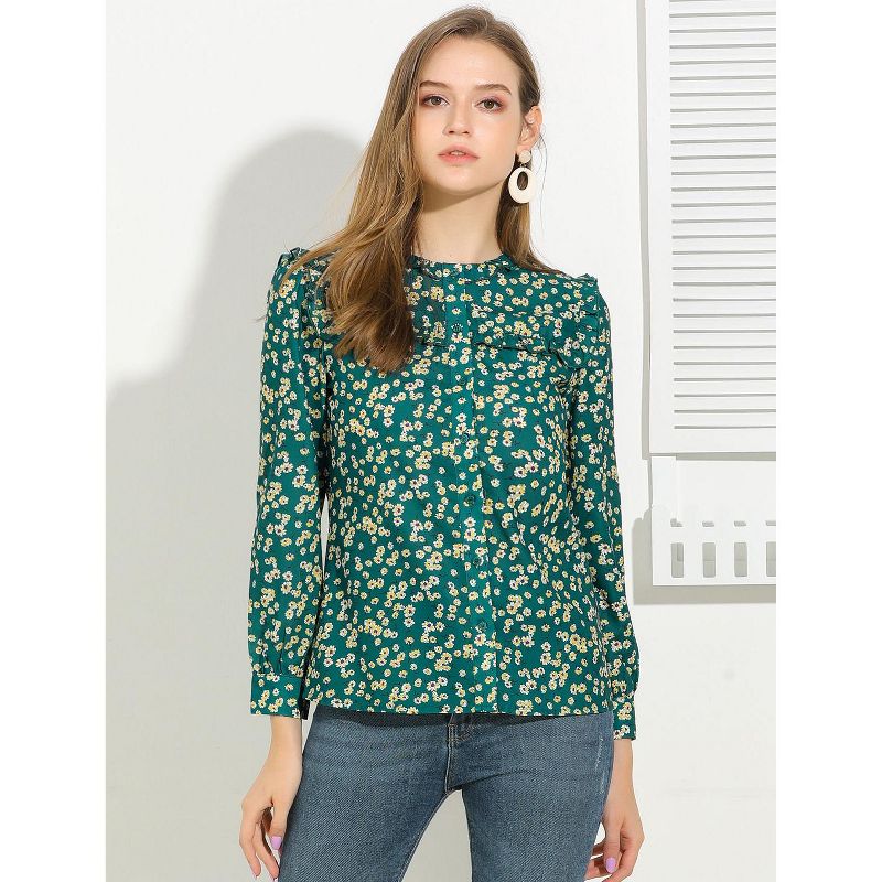 Allegra K St Patrick's Day Boho Daisy Floral Ruffled Neck Button Down Long Sleeve Blouses, 3 of 8