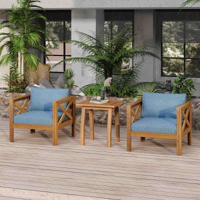 3 PCS Patio Conversation Set, 2 Club Chairs and 1 Square Coffee Table, Acacia Wood Frame Chairs with Polyester Cushion-Coolbibila