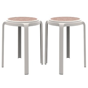 LeisureMod Tresse Stackable Dining Stool – Mid-Century Modern Round Backless Wicker-Top Seat Indoor Outdoor Use for Kitchen, Patio, Garden Set of 2 - 1 of 4