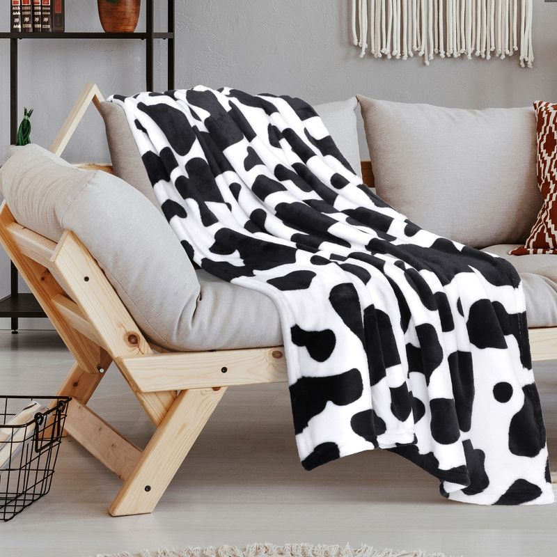 PiccoCasa 300GSM Cow Printed Fleece Flannel Throw Blanket Black and White 1 Pc, 4 of 5