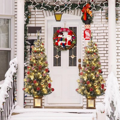 4.5ft Pre-Lit Artificial Christmas Tree, Christmas Tree with 108 Warm White LED Lights, Hinged Branches, Red Berries, and Vintage Potted Base