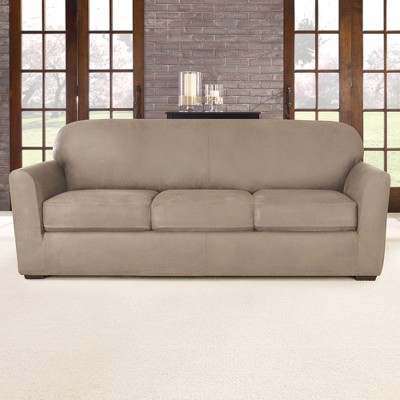 Pebbled Ivory Stretch Leather Sofa Slipcover Set