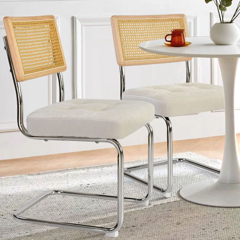 Set of 2 Kylie 20.5" Wider Flannel Upholstered Tufted Seat With Metal Chrome Legs and Woven Rattan Backrest Dining Chairs - The Pop Maison, 3 of 12