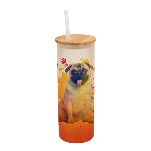 100 North 25 Ounce Frosted Glass Gradient Travel Tumbler With Straw & Wooden Lid, Pug Dog Paint Splatter Orange - 1 of 4