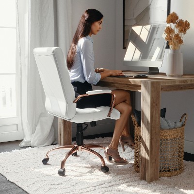 Mid-Back White LeatherSoft Executive Chair with Rose Gold Metal Base