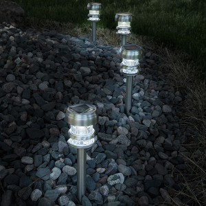 Nature Spring Solar Powered Lights - Set of 4 - LED Outdoor Stake Spotlight Fixture for Gardens, Pathways, and Patios, Silver - 1 of 4