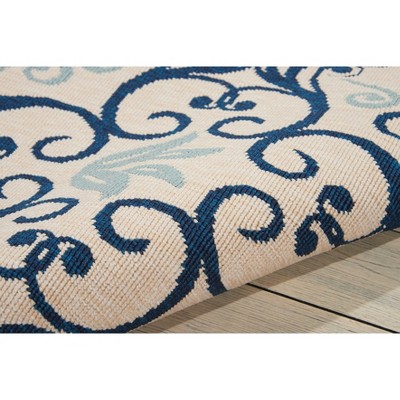 Ivory and Navy Floral Synthetic 5' x 7' Area Rug