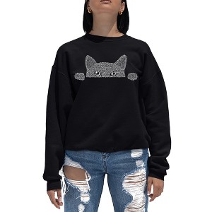 LA Pop Art Women's Word Art Crewneck Sweatshirt - Peeking Cat - 1 of 4