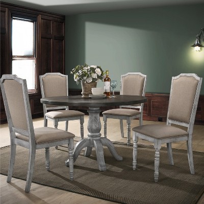 Beige Upholstered Wood Side Chair with Turned Legs, Set of 2