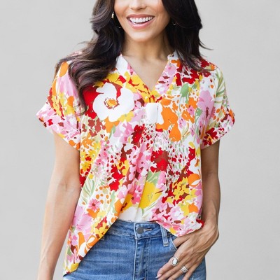 Amaryllis Women’s Floral V-Neck Pleated Blouse Short Cuffed Sleeves Relaxed Fit Lightweight Spring Summer Top- X Large ,Multicolored