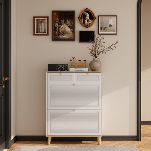 MAYEERTY Shoe Racks with 2 flip Out Doors 2 Drawers Narrow Shoe Rack Cabinet Natural Wood Legs - 1 of 4