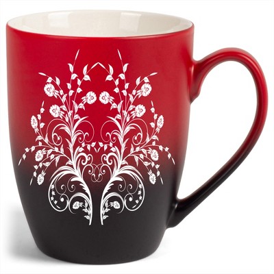 Elanze Designs Damask Floral Mirror Two Toned Ombre Matte Red and Black 12 ounce Ceramic Stoneware Coffee Cup Mug