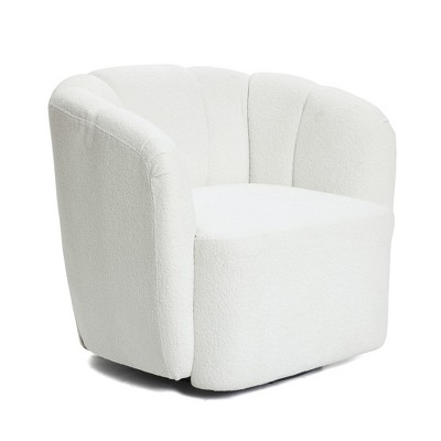 Ivory Boucle Swivel Barrel Accent Chair with Floral Backrest