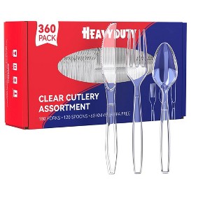 Itopfox 360-Piece Heavy Duty Clear Plastic Silverware Set - Forks, Spoons, Knives Heat Resistant Disposable Utensils for Parties, Events Everyday Use - 1 of 4