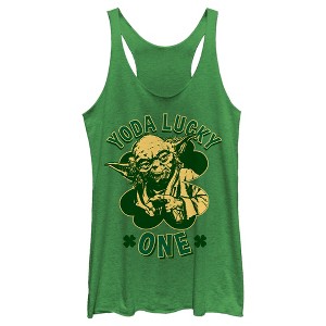 Women's Star Wars St. Patrick's Day Yoda Lucky One Racerback Tank Top - 1 of 4