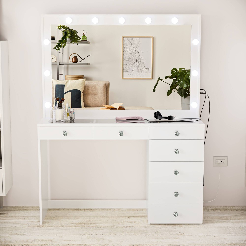 Photos - Bedroom Set Tatiana Lighted Crystal Knobs Makeup Vanity White - Boahaus
