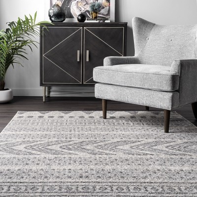 Geometric Gray Synthetic Easy-Care Runner Rug, 2' 8" x 8'