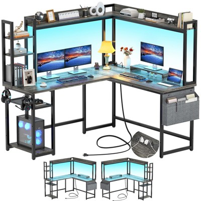 Besiost Corner Computer Desk with Hutch and Led Lights, L-Shaped Desk with Power Outlet