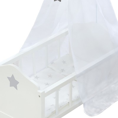White and Gray Wooden Doll Cradle with Star Canopy