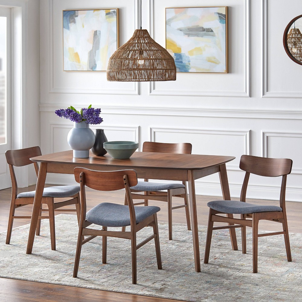 Buylateral 5pc Wave Rectangular Dining Set Walnut/Blue: Extendable Table, Upholstered Chairs
