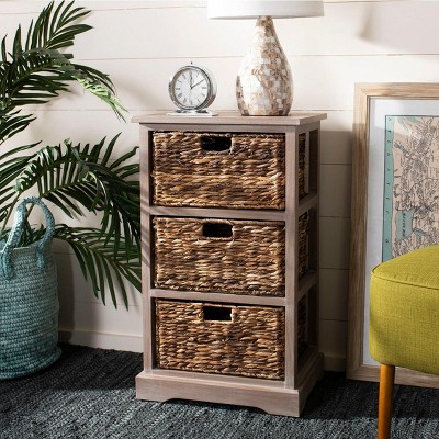 Transitional Brown Pine Wood Rectangular Side Table with 3 Wicker Baskets