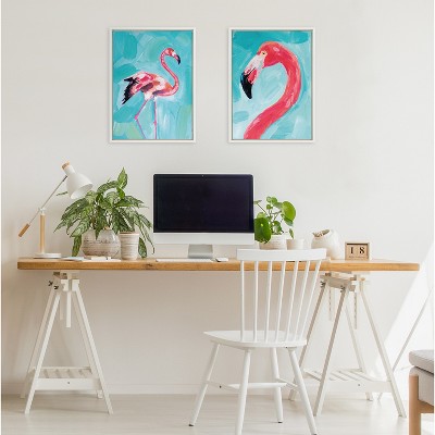 Sylvie Flamingo Study and Feathery Friend White Canvas Art Set