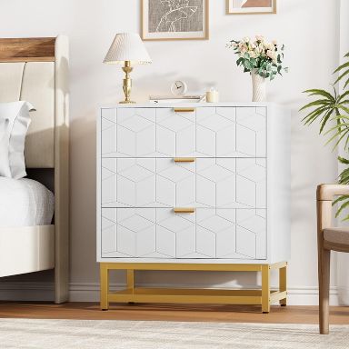 3 Drawer Dresser Wooden Storage Chest with Elegant Gold Pull Handles, Modern Multifunctional Drawer Cabinet, Versatile Nightstand, White