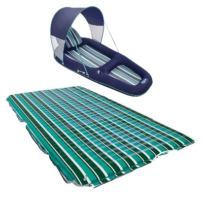 Aqua Leisure Luxury Inflatable Pool Float Lounger w/ Removable Canopy, Blue Stripe & 11 Foot Supersized Floating Party Plank Platform, Green Stripe