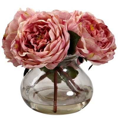 Nearly Natural Fancy Rose with Vase, Pink