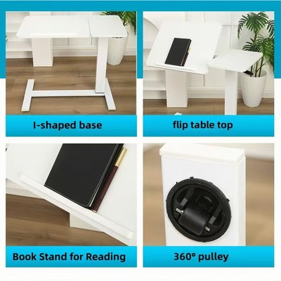Overbed Bedside Table with Wheels, Height Adjustable Mobile Standing Desk, Rolling Computer Cart, Split Tilting Tray Table for Home Hospital Use