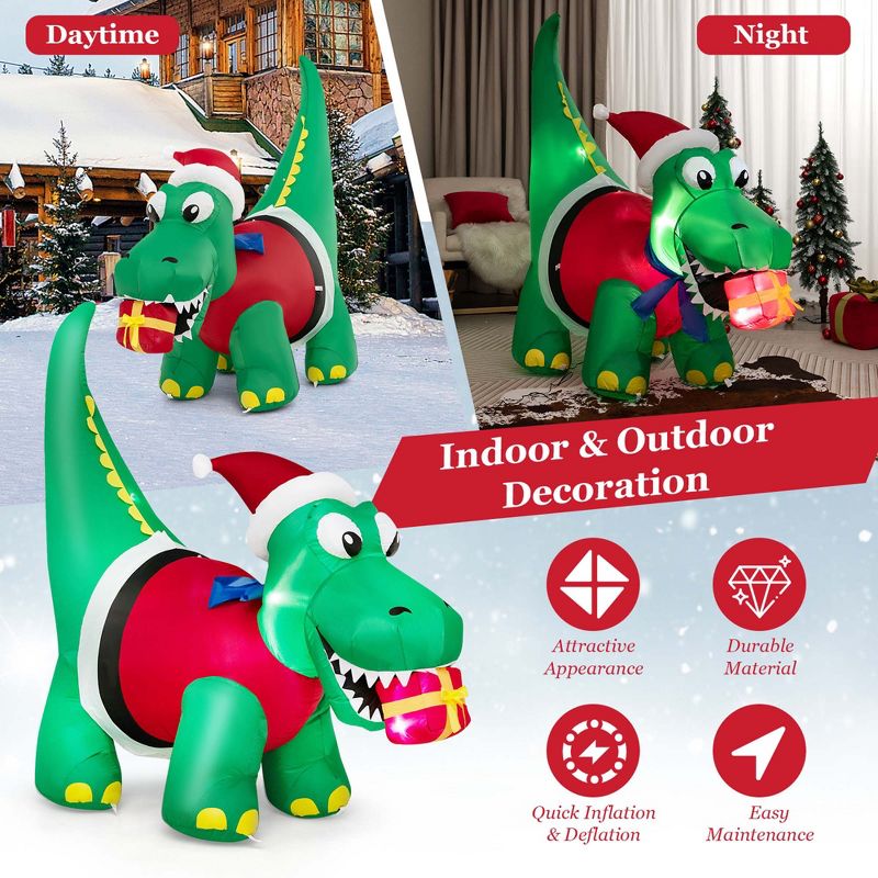 Costway 6FT Inflatable Christmas Dinosaur with LED Lights Gift Box & Blower Party Yard, 4 of 11