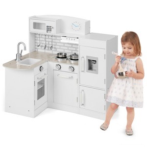 Costway Kid’s Corner Kitchen Playset Wooden Chef Play with Sink Stove Range Hood Utensils - 1 of 4