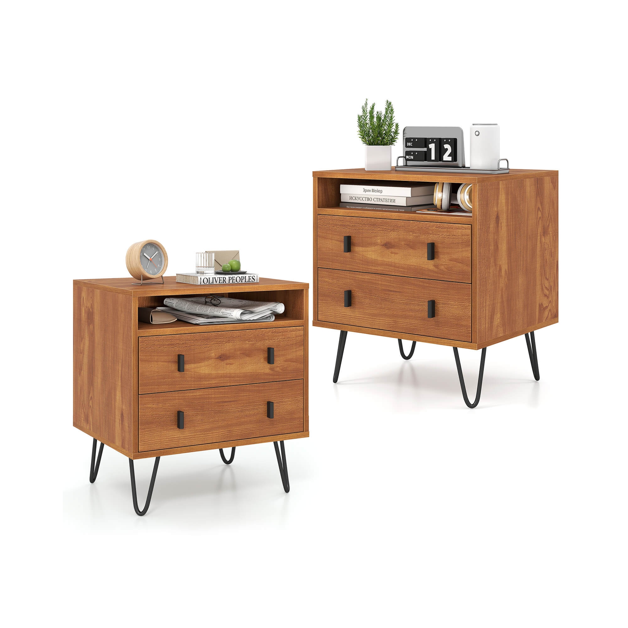 Costway 2 PCS 2-Drawer Nightstand with Storage Compartment Metal Hairpin Legs for Bedroom Walnut
