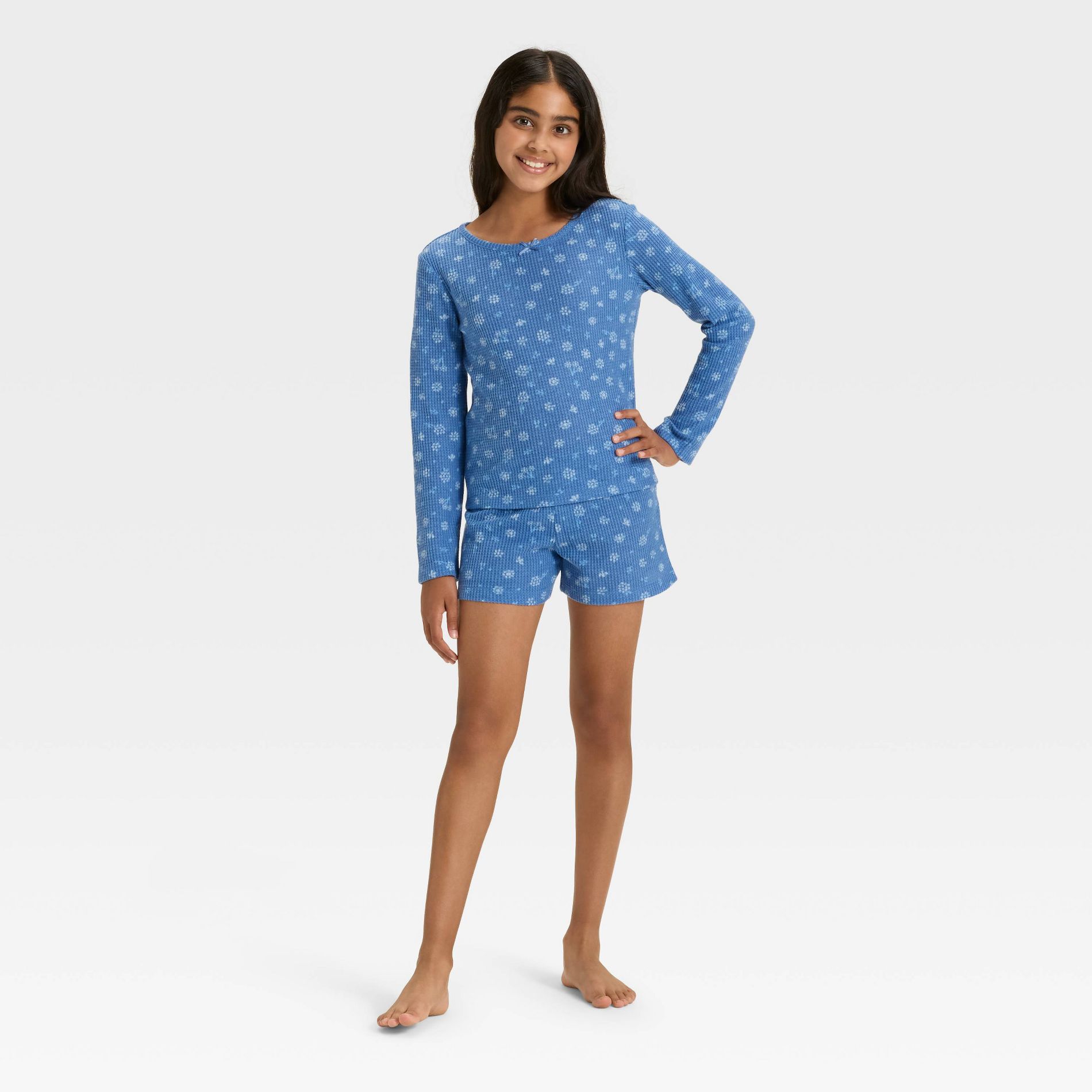 Girls' Long Sleeve Floral Waffle Knit Pajama Set - Cat & Jack™ Blue XS