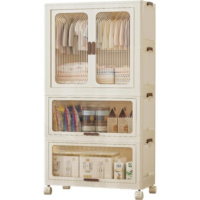 Portable Closet Storage Organizer for Clothes, Plastic Wardrobe Storage Cabinet with 3 Tier Wardrobe Closet, Hanging Rod & 10 Hangers with Wheels