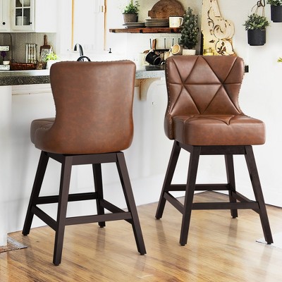 Arceso 26" Counter Height Swivel Bar Stools with Back, Faux Leather Upholstered Seat, Solid Wood Legs, Beige – Set for Kitchen Island or Home Bar